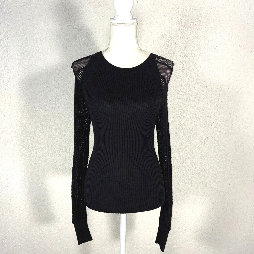White House Black Market Black Ribbed Crochet Shoulder Long Sleeve Sweater S